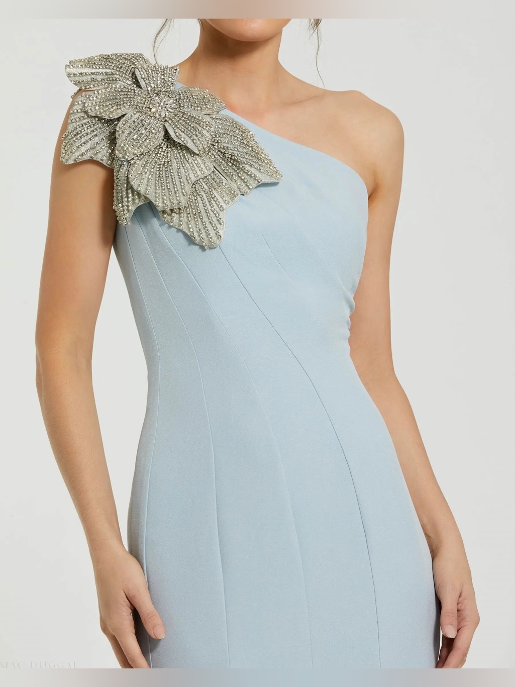 Mac Duggal Blue Crepe One Shoulder Gown With Crystal Flower Size 2 — image 2 of 3